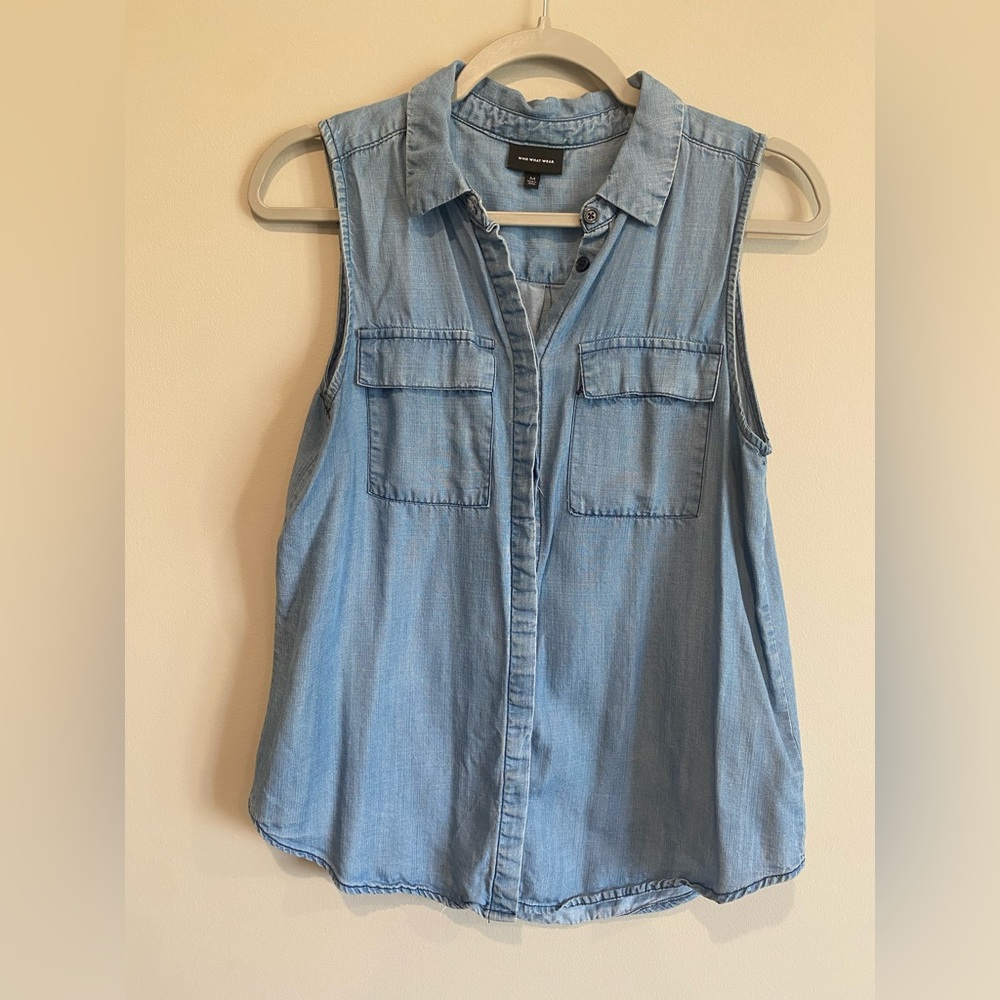 Sleeveless button down denim cotton top